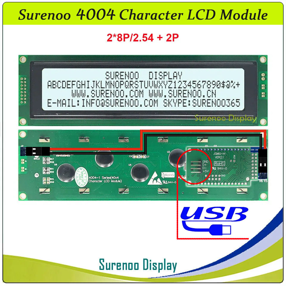 SLC4004A Outline=190.00X54.00MM 4004 40*4 Surenoo Character LCD Module Display Screen Panel 6800 4/8-bit Parallel Serial IIC I2C LCD2USB USB2LCD AIP31066 SPLC780D ST7066 Controller STN Yellow Green Blue Negative LED Backlight for LCD Smartie AIDA64
