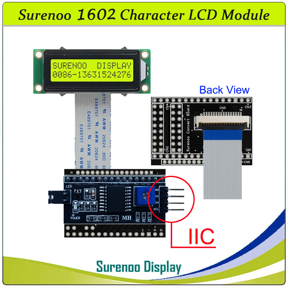 SLC1602N PCB=53.00X20.00MM 1602 16*2 Surenoo Character LCD Module Display Screen Panel 6800 4-bit 8-bit Parallel AIP31066 SPLC780D ST7066 Controller STN Yellow Green STN Blue Negative FSTN Positive LED Backlight