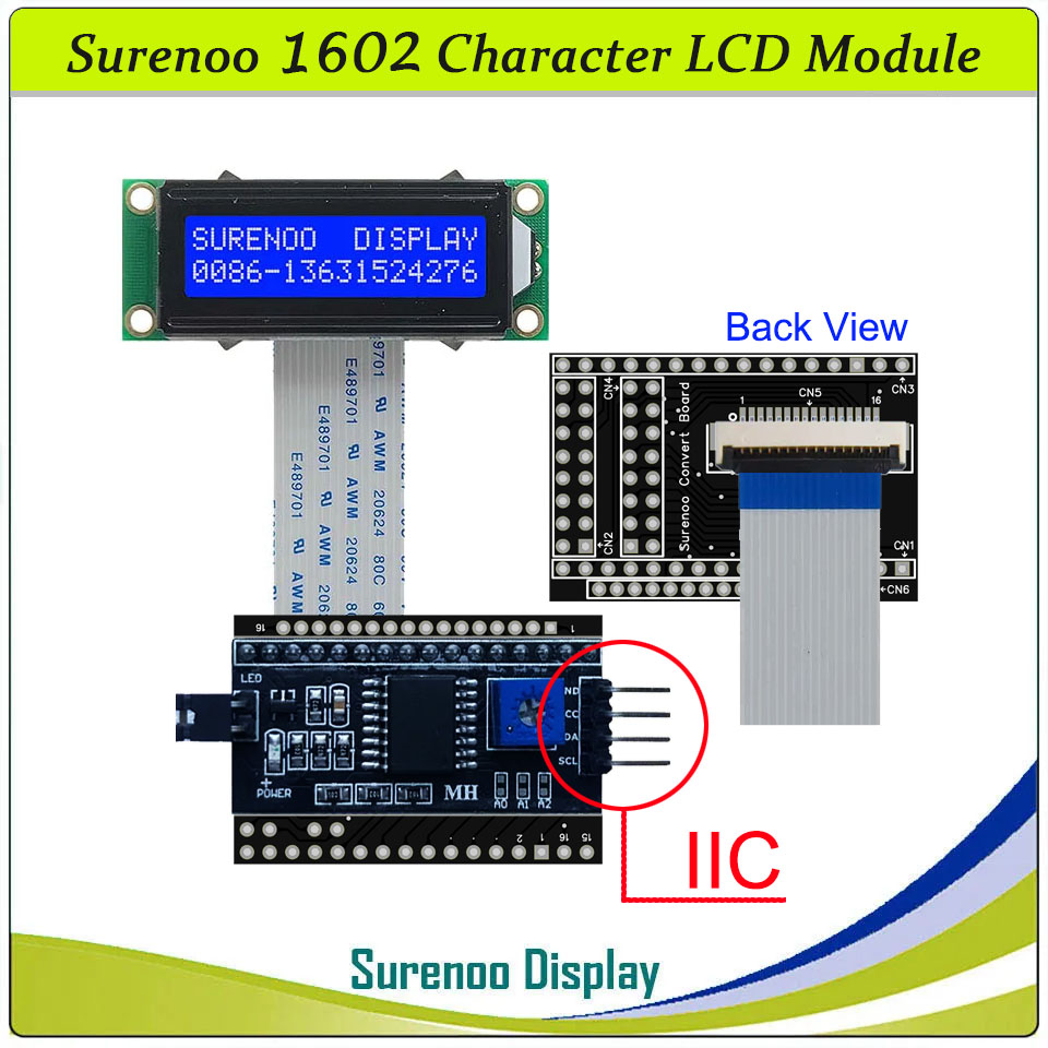 SLC1602N PCB=53.00X20.00MM 1602 16*2 Surenoo Character LCD Module Display Screen Panel 6800 4-bit 8-bit Parallel AIP31066 SPLC780D ST7066 Controller STN Yellow Green STN Blue Negative FSTN Positive LED Backlight