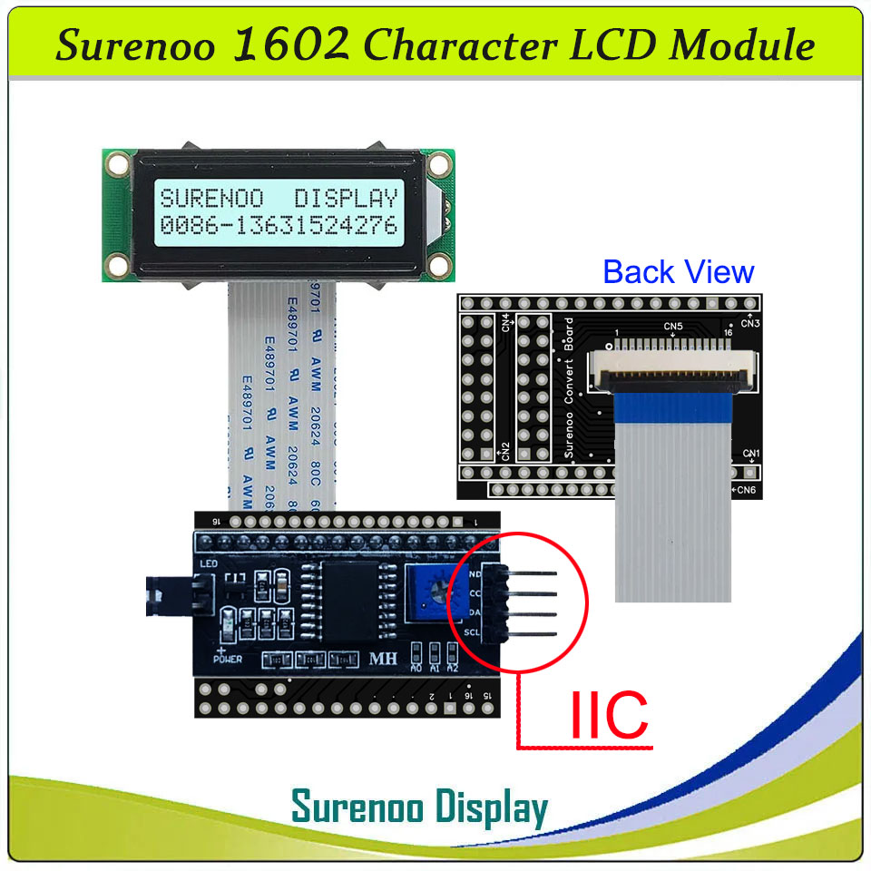 SLC1602N PCB=53.00X20.00MM 1602 16*2 Surenoo Character LCD Module Display Screen Panel 6800 4-bit 8-bit Parallel AIP31066 SPLC780D ST7066 Controller STN Yellow Green STN Blue Negative FSTN Positive LED Backlight