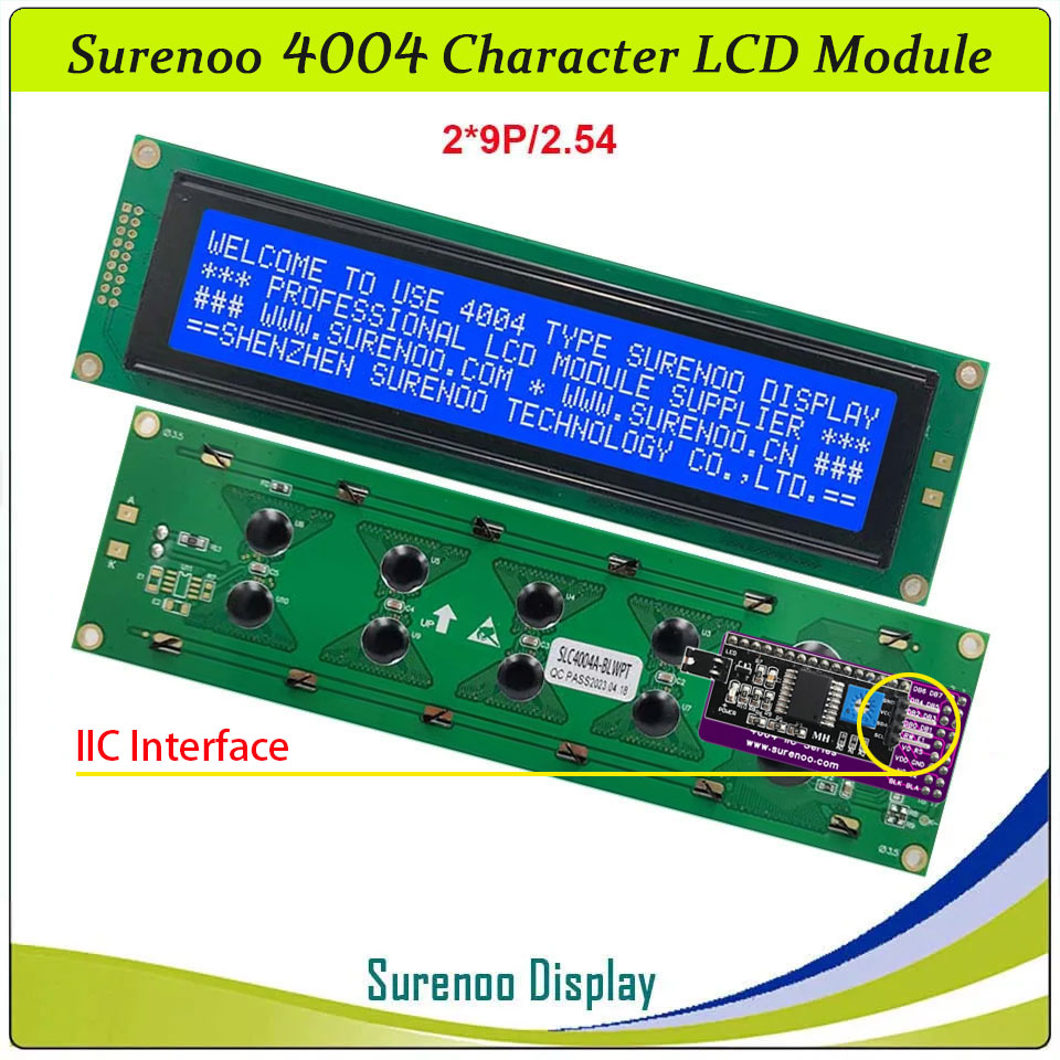 SLC4004A Outline=190.00X54.00MM 4004 40*4 Surenoo Character LCD Module Display Screen Panel 6800 4/8-bit Parallel Serial IIC I2C LCD2USB USB2LCD AIP31066 SPLC780D ST7066 Controller STN Yellow Green Blue Negative LED Backlight for LCD Smartie AIDA64