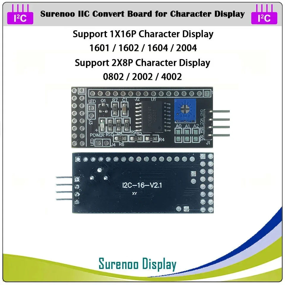 Surenoo PCF8574T Serial IIC I2C PCB Adapter for AIP31066 ST7066 SPC780D HD44780 Controller 0801 0802 1601 1602 1604 2002 2004 2402 4002 Character LCD OLED VFD Module Display Screen Panel