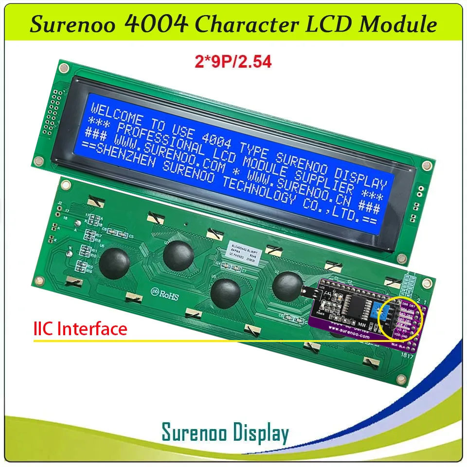 SLC4004A Outline=190.00X54.00MM 4004 40*4 Surenoo Character LCD Module Display Screen Panel 6800 4/8-bit Parallel Serial IIC I2C LCD2USB USB2LCD AIP31066 SPLC780D ST7066 Controller STN Yellow Green Blue Negative LED Backlight for LCD Smartie AIDA64