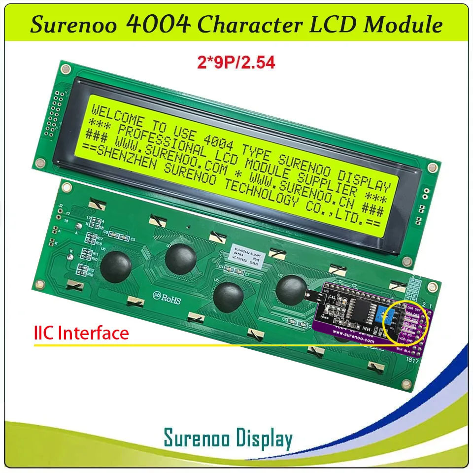 SLC4004A Outline=190.00X54.00MM 4004 40*4 Surenoo Character LCD Module Display Screen Panel 6800 4/8-bit Parallel Serial IIC I2C LCD2USB USB2LCD AIP31066 SPLC780D ST7066 Controller STN Yellow Green Blue Negative LED Backlight for LCD Smartie AIDA64