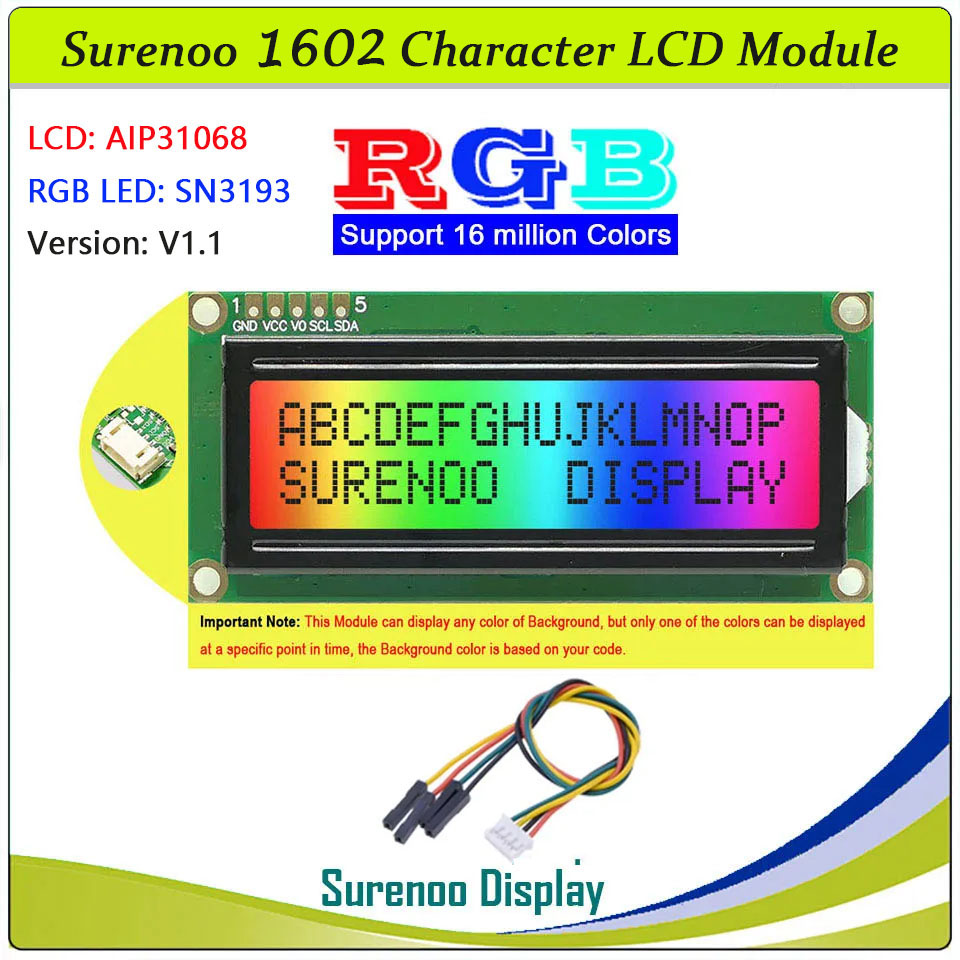 SLC1602O PCB=80.00X36.00 1602 16*2 Surenoo Character LCD Module Display Screen Panel Serial IIC I2C AIP31068 Controller RGB LED Controller SN3193 FSTN Positive D-FSTN Negative with RGB LED Backlight for Arduino UNO Mega2560 Nano RaspBerry Pi