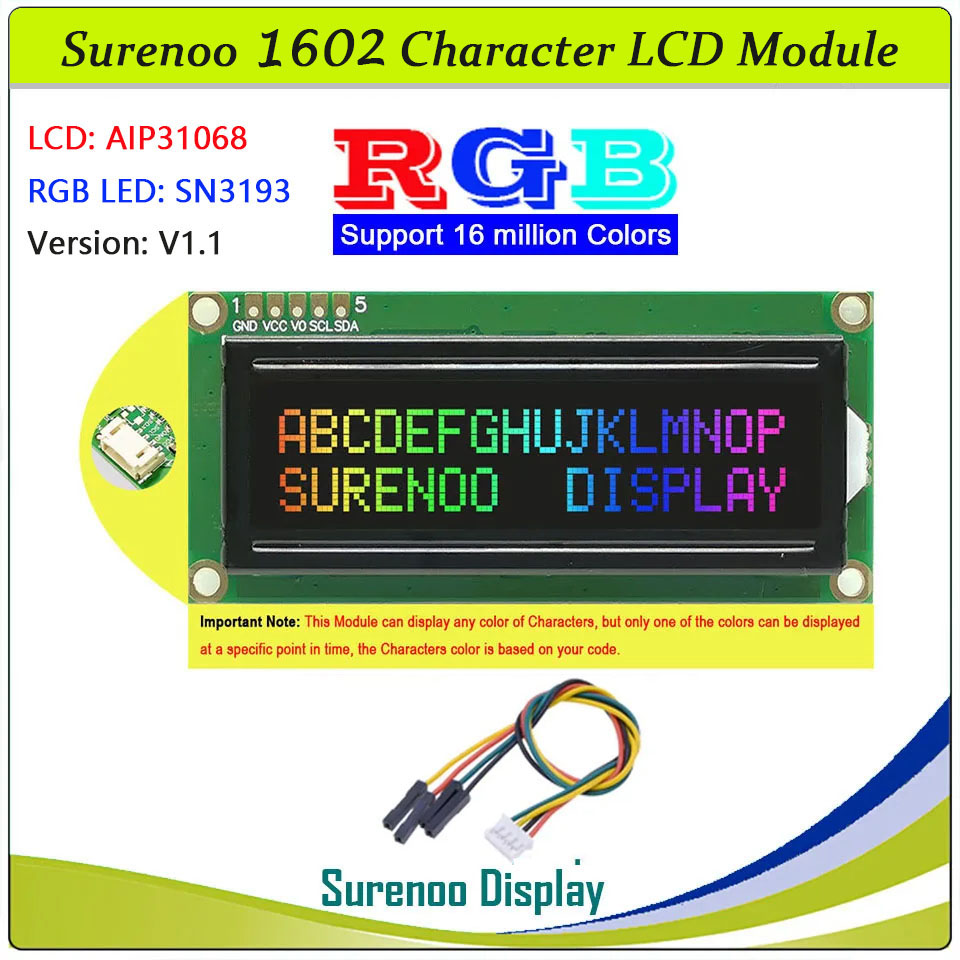 SLC1602O PCB=80.00X36.00 1602 16*2 Surenoo Character LCD Module Display Screen Panel Serial IIC I2C AIP31068 Controller RGB LED Controller SN3193 FSTN Positive D-FSTN Negative with RGB LED Backlight for Arduino UNO Mega2560 Nano RaspBerry Pi