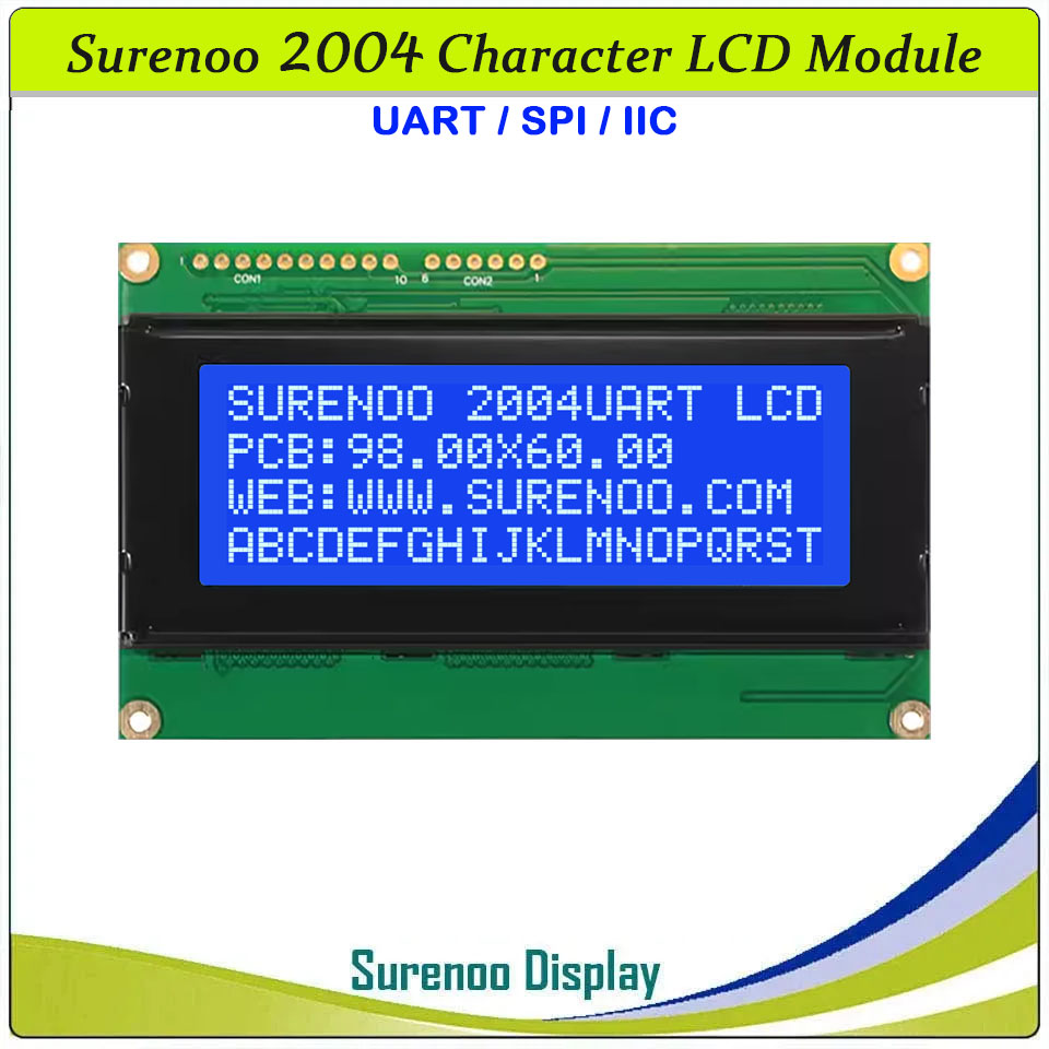 SLC2004F PCB=98.00X60.00MM 2004 20*4 Surenoo Serial UART SPI IIC I2C Character LCD Module Display Screen Panel ST7066 Controller STN Yellow Green Blue Negative FSTN Positive White LED Backlight for PLC 8051 PIC AVR ARM MPU