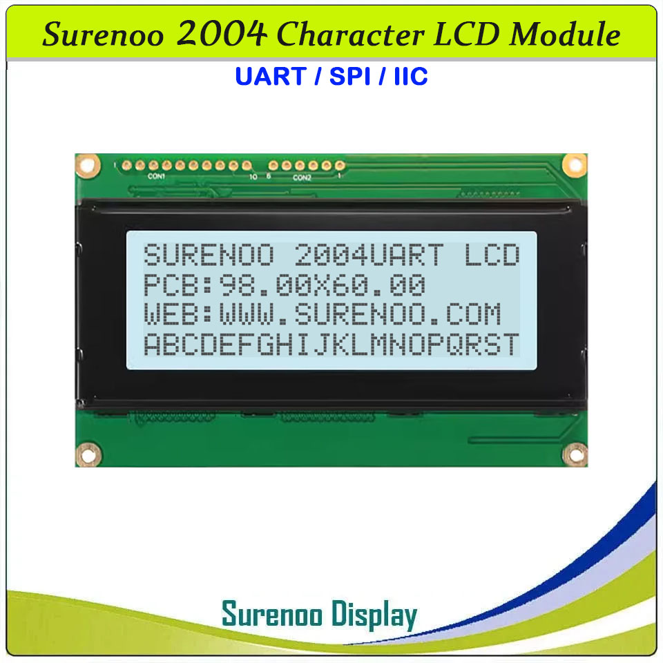SLC2004F PCB=98.00X60.00MM 2004 20*4 Surenoo Serial UART SPI IIC I2C Character LCD Module Display Screen Panel ST7066 Controller STN Yellow Green Blue Negative FSTN Positive White LED Backlight for PLC 8051 PIC AVR ARM MPU