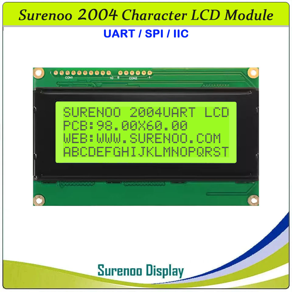 SLC2004F PCB=98.00X60.00MM 2004 20*4 Surenoo Serial UART SPI IIC I2C Character LCD Module Display Screen Panel ST7066 Controller STN Yellow Green Blue Negative FSTN Positive White LED Backlight for PLC 8051 PIC AVR ARM MPU
