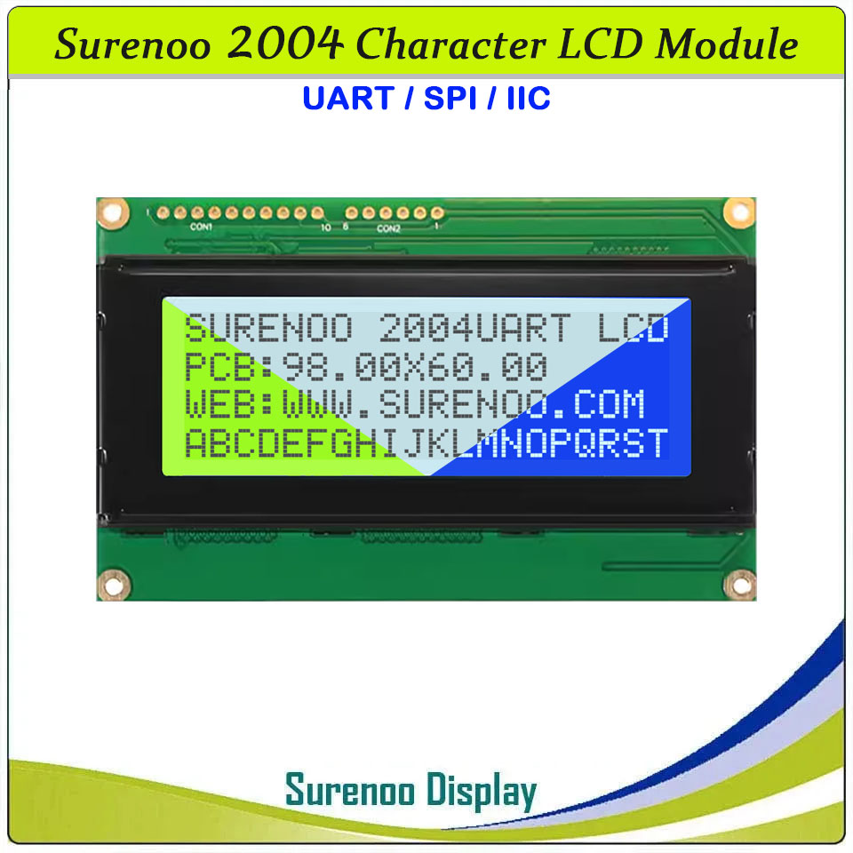 SLC2004F PCB=98.00X60.00MM 2004 20*4 Surenoo Serial UART SPI IIC I2C Character LCD Module Display Screen Panel ST7066 Controller STN Yellow Green Blue Negative FSTN Positive White LED Backlight for PLC 8051 PIC AVR ARM MPU