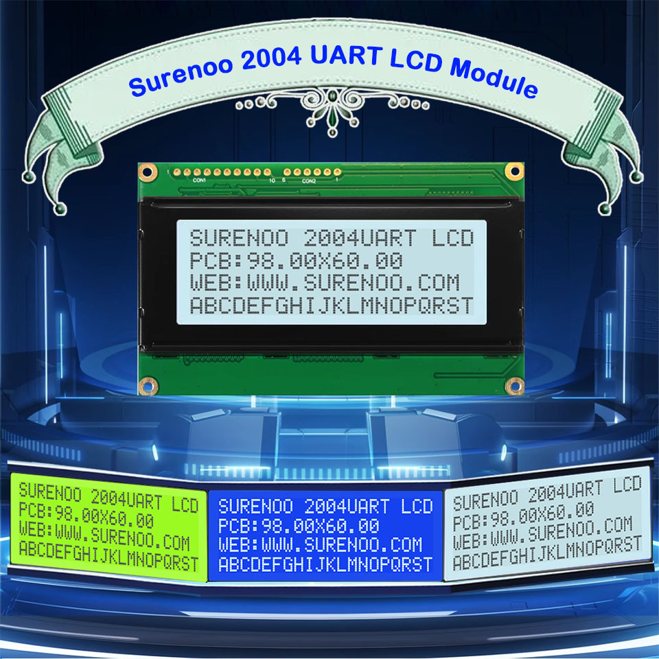 SLC2004F PCB=98.00X60.00MM 2004 20*4 Surenoo Serial UART SPI IIC I2C Character LCD Module Display Screen Panel ST7066 Controller STN Yellow Green Blue Negative FSTN Positive White LED Backlight for PLC 8051 PIC AVR ARM MPU