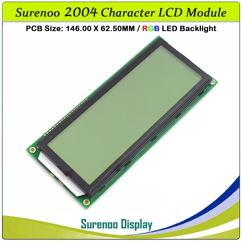 SLC2004G PCB=146.00X62.50MM 2004 20*4 Surenoo Character LCD Module Display Screen Panel 6800 4-bit 8-bit Parallel AIP31066 SPLC780D ST7066 Controller FSTN Positive with RGB LED Backlight