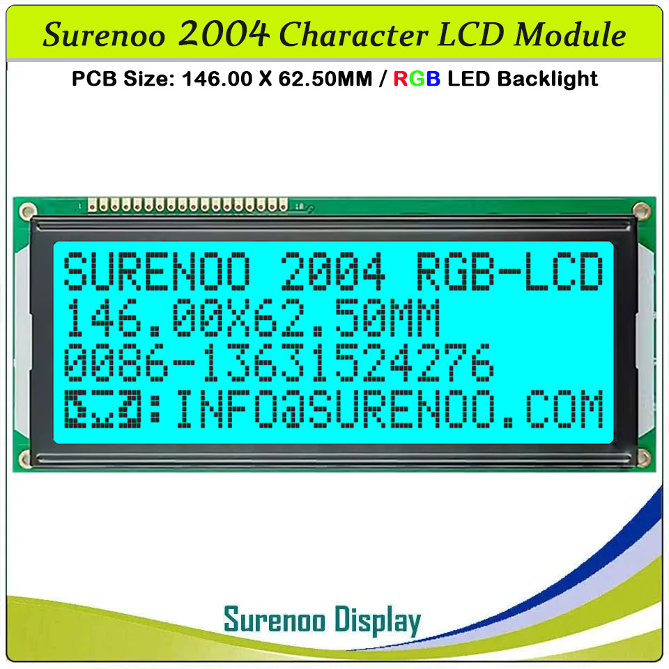 SLC2004G PCB=146.00X62.50MM 2004 20*4 Surenoo Character LCD Module Display Screen Panel 6800 4-bit 8-bit Parallel AIP31066 SPLC780D ST7066 Controller FSTN Positive with RGB LED Backlight