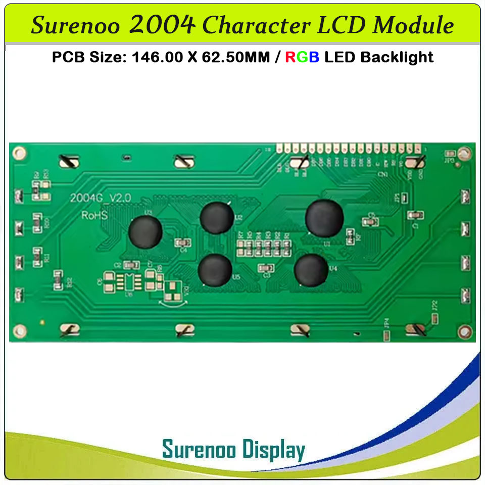 SLC2004G PCB=146.00X62.50MM 2004 20*4 Surenoo Character LCD Module Display Screen Panel 6800 4-bit 8-bit Parallel AIP31066 SPLC780D ST7066 Controller FSTN Positive with RGB LED Backlight