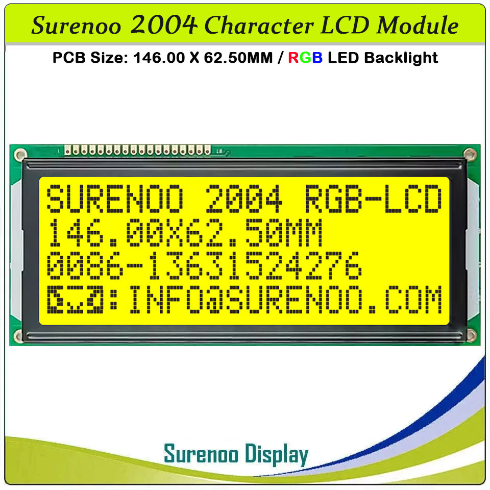 SLC2004G PCB=146.00X62.50MM 2004 20*4 Surenoo Character LCD Module Display Screen Panel 6800 4-bit 8-bit Parallel AIP31066 SPLC780D ST7066 Controller FSTN Positive with RGB LED Backlight