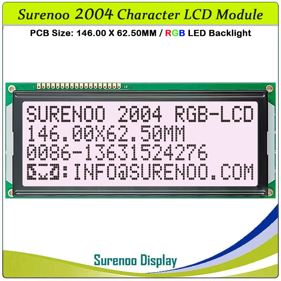 SLC2004G PCB=146.00X62.50MM 2004 20*4 Surenoo Character LCD Module Display Screen Panel 6800 4-bit 8-bit Parallel AIP31066 SPLC780D ST7066 Controller FSTN Positive with RGB LED Backlight
