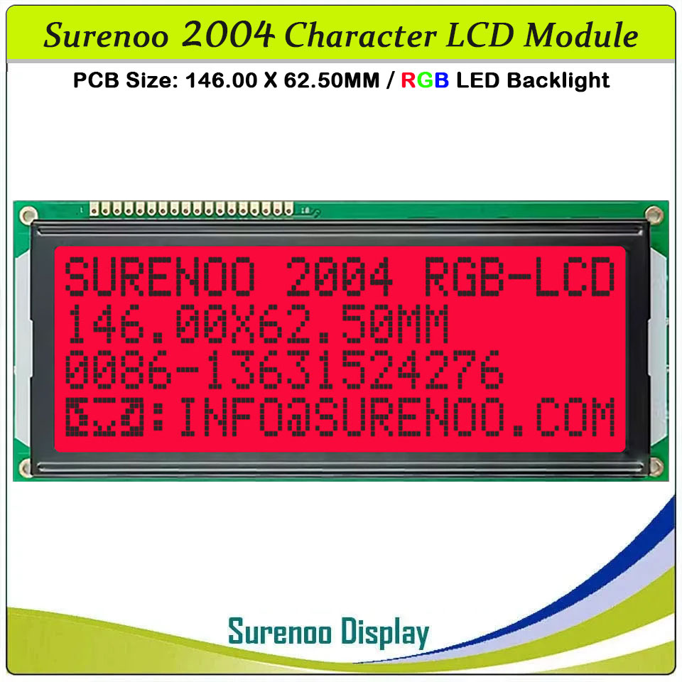 SLC2004G PCB=146.00X62.50MM 2004 20*4 Surenoo Character LCD Module Display Screen Panel 6800 4-bit 8-bit Parallel AIP31066 SPLC780D ST7066 Controller FSTN Positive with RGB LED Backlight