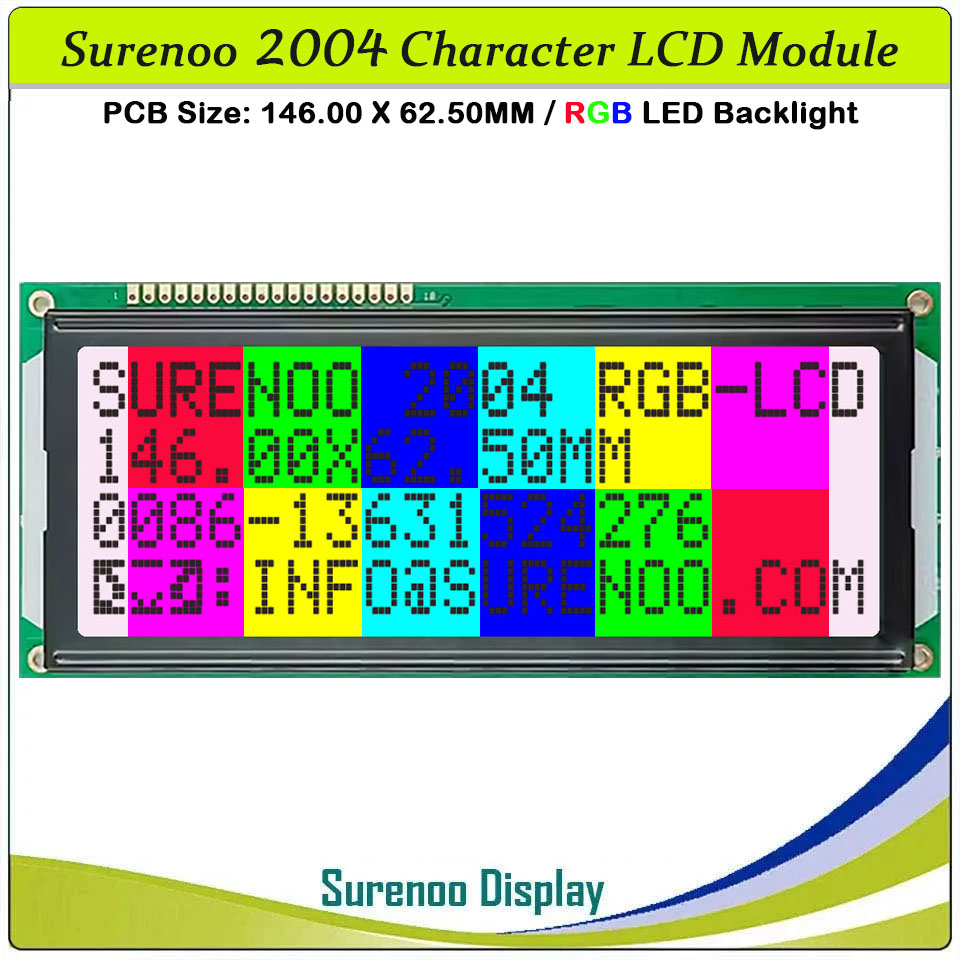 SLC2004G PCB=146.00X62.50MM 2004 20*4 Surenoo Character LCD Module Display Screen Panel 6800 4-bit 8-bit Parallel AIP31066 SPLC780D ST7066 Controller FSTN Positive with RGB LED Backlight