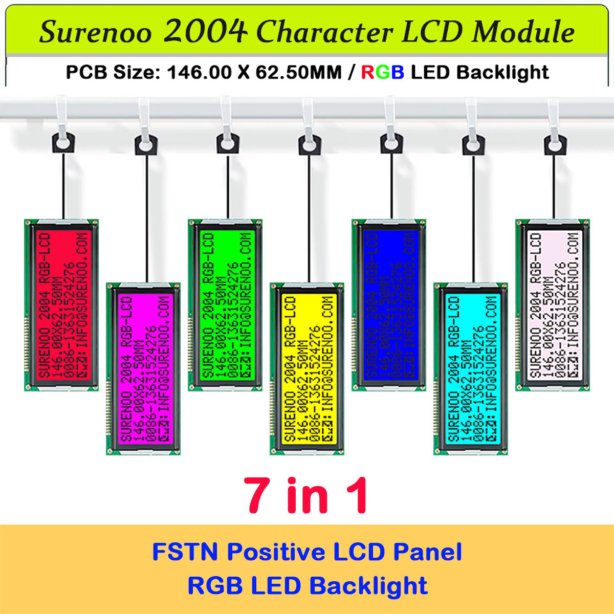 SLC2004G PCB=146.00X62.50MM 2004 20*4 Surenoo Character LCD Module Display Screen Panel 6800 4-bit 8-bit Parallel AIP31066 SPLC780D ST7066 Controller FSTN Positive with RGB LED Backlight