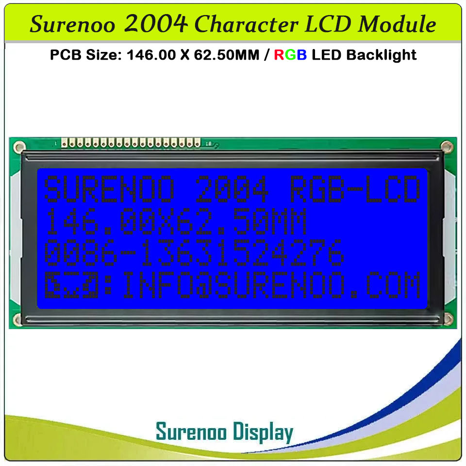 SLC2004G PCB=146.00X62.50MM 2004 20*4 Surenoo Character LCD Module Display Screen Panel 6800 4-bit 8-bit Parallel AIP31066 SPLC780D ST7066 Controller FSTN Positive with RGB LED Backlight