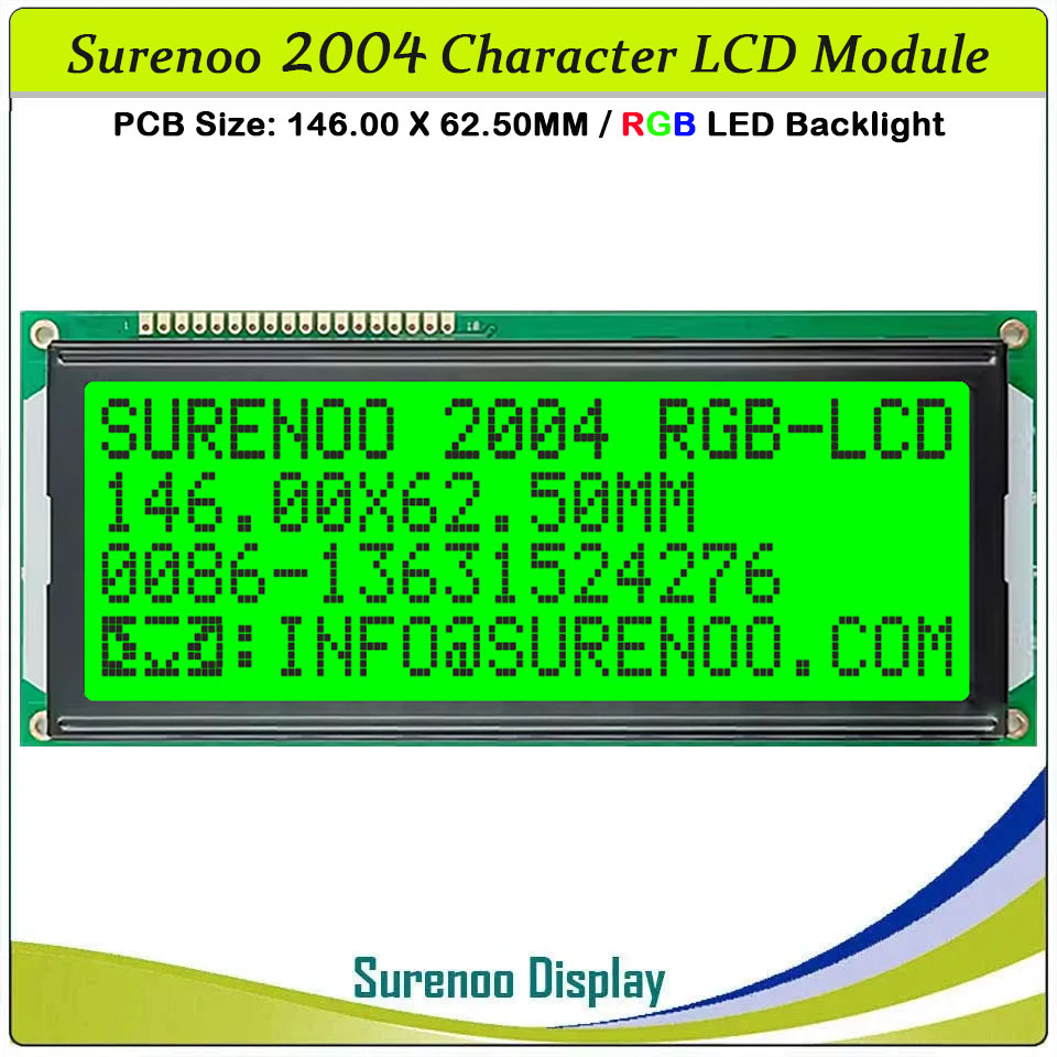SLC2004G PCB=146.00X62.50MM 2004 20*4 Surenoo Character LCD Module Display Screen Panel 6800 4-bit 8-bit Parallel AIP31066 SPLC780D ST7066 Controller FSTN Positive with RGB LED Backlight