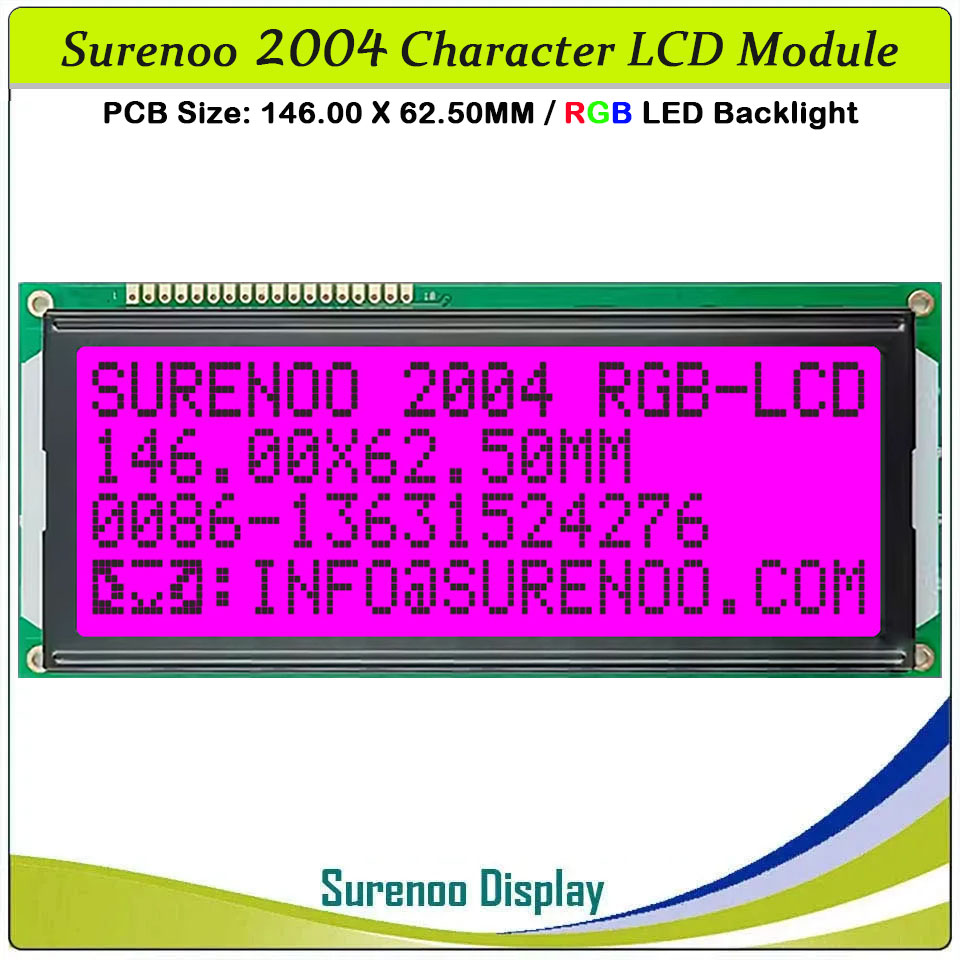 SLC2004G PCB=146.00X62.50MM 2004 20*4 Surenoo Character LCD Module Display Screen Panel 6800 4-bit 8-bit Parallel AIP31066 SPLC780D ST7066 Controller FSTN Positive with RGB LED Backlight