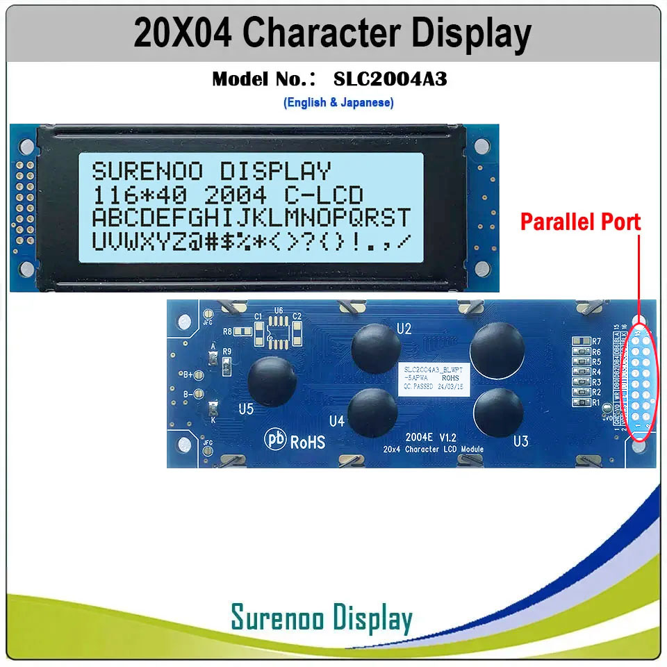 SLC2004A3 PCB=116.00X40.00 2004 20*4 Surenoo Character LCD Module Display Screen Panel 6800 4-bit 8-bit Parallel Serial IIC I2C AIP31066 SPLC780D ST7066 PCF8574 Controller STN Yellow Green STN Blue VA-TN Negative FSTN Positive LED Backlight