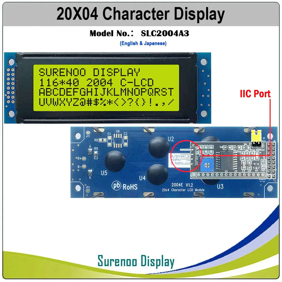 SLC2004A3 PCB=116.00X40.00 2004 20*4 Surenoo Character LCD Module Display Screen Panel 6800 4-bit 8-bit Parallel Serial IIC I2C AIP31066 SPLC780D ST7066 PCF8574 Controller STN Yellow Green STN Blue VA-TN Negative FSTN Positive LED Backlight