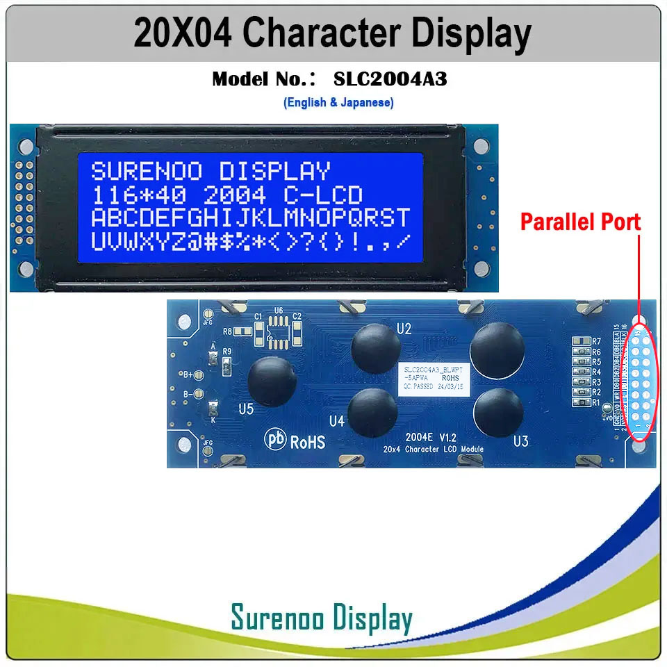 SLC2004A3 PCB=116.00X40.00 2004 20*4 Surenoo Character LCD Module Display Screen Panel 6800 4-bit 8-bit Parallel Serial IIC I2C AIP31066 SPLC780D ST7066 PCF8574 Controller STN Yellow Green STN Blue VA-TN Negative FSTN Positive LED Backlight