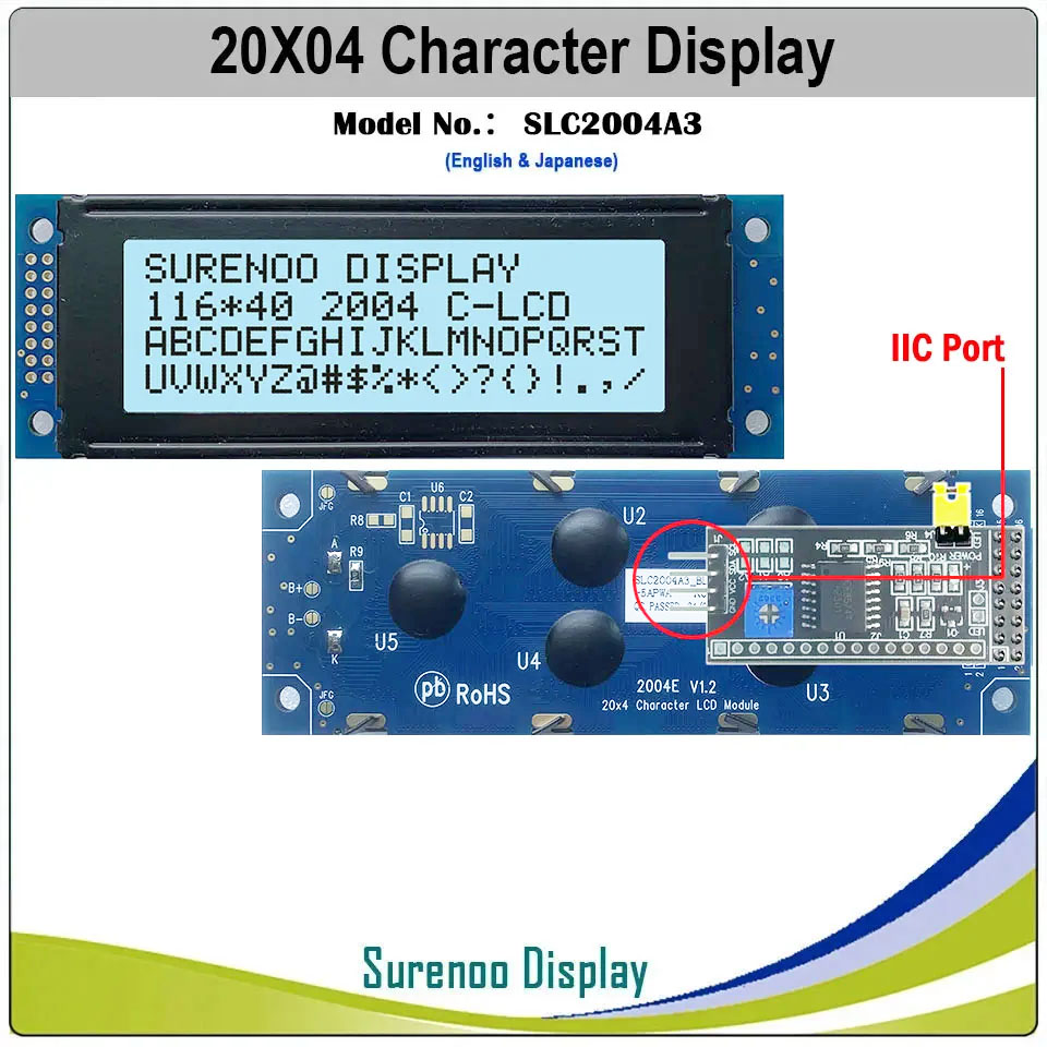 SLC2004A3 PCB=116.00X40.00 2004 20*4 Surenoo Character LCD Module Display Screen Panel 6800 4-bit 8-bit Parallel Serial IIC I2C AIP31066 SPLC780D ST7066 PCF8574 Controller STN Yellow Green STN Blue VA-TN Negative FSTN Positive LED Backlight