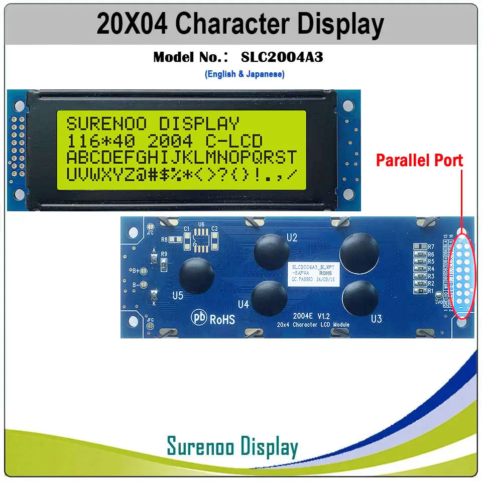 SLC2004A3 PCB=116.00X40.00 2004 20*4 Surenoo Character LCD Module Display Screen Panel 6800 4-bit 8-bit Parallel Serial IIC I2C AIP31066 SPLC780D ST7066 PCF8574 Controller STN Yellow Green STN Blue VA-TN Negative FSTN Positive LED Backlight