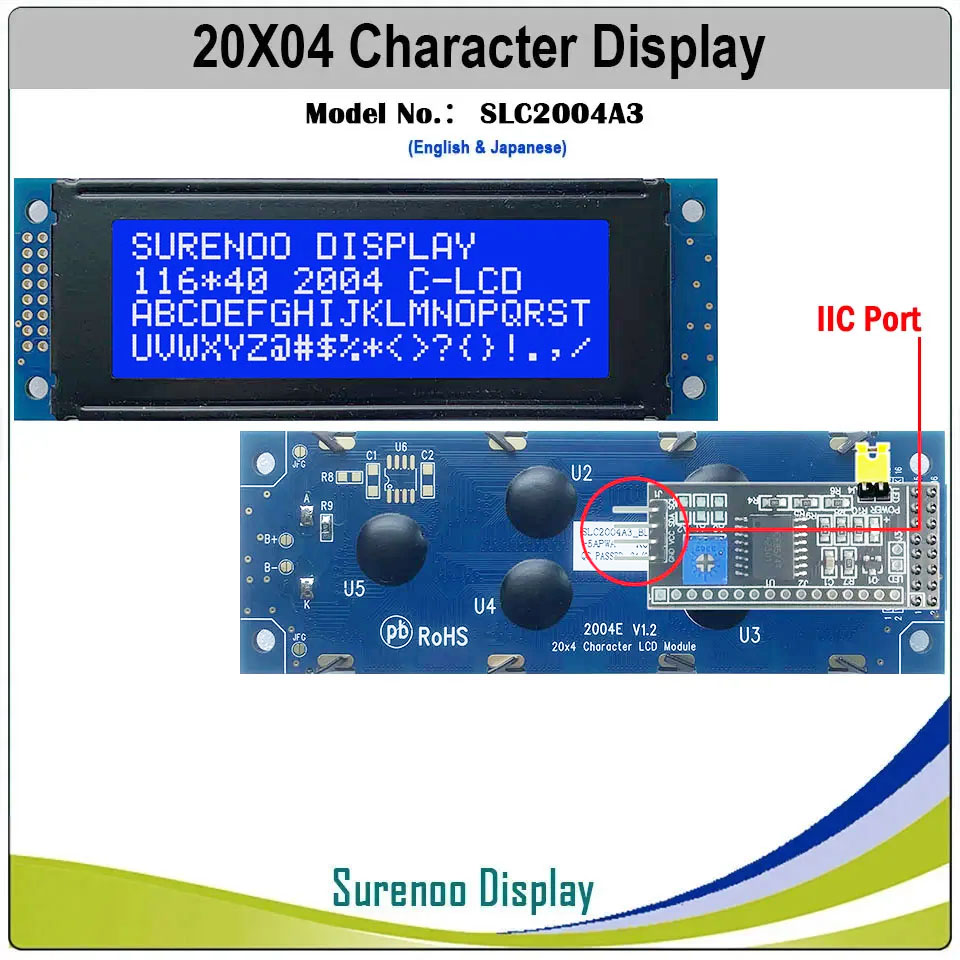 SLC2004A3 PCB=116.00X40.00 2004 20*4 Surenoo Character LCD Module Display Screen Panel 6800 4-bit 8-bit Parallel Serial IIC I2C AIP31066 SPLC780D ST7066 PCF8574 Controller STN Yellow Green STN Blue VA-TN Negative FSTN Positive LED Backlight