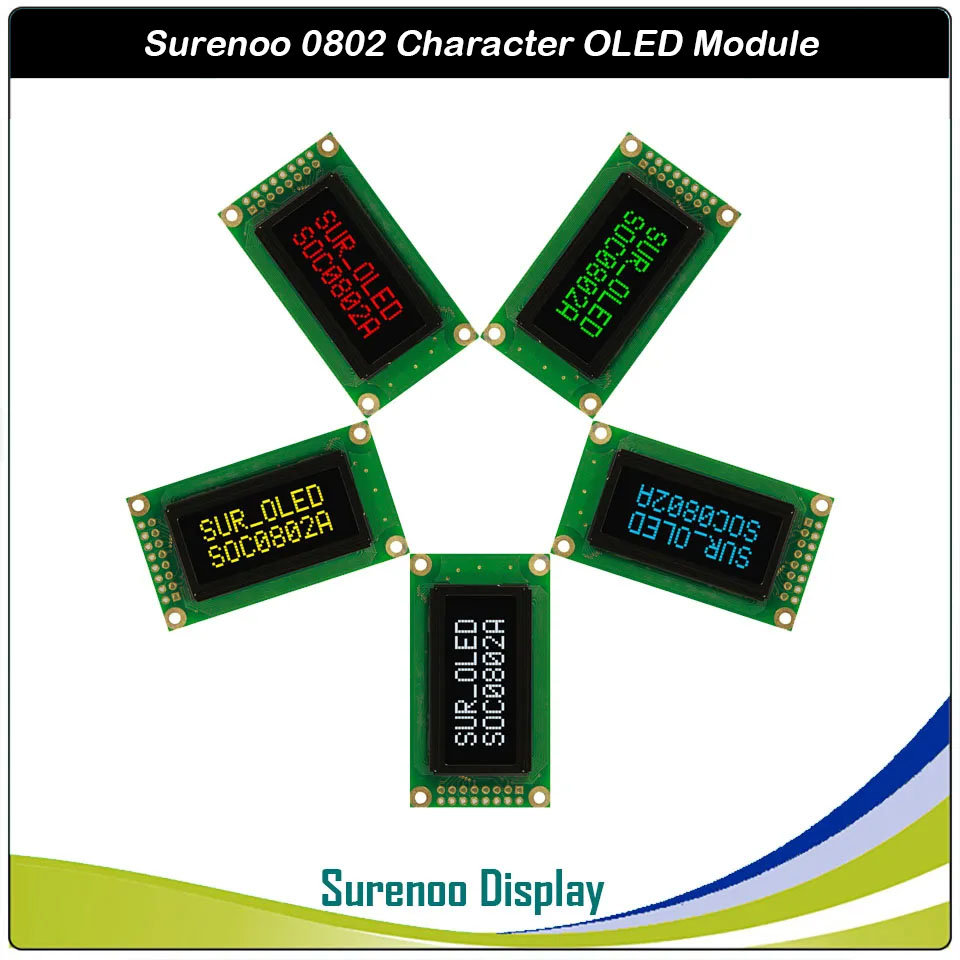 Surenoo OLED Module SOC0802A Outline=58.00X32.00MM Compatible Standard 0802 08*02 08X02 Character LCD Module Display Screen Panel 6800 4/8-bit Parallel Serial SPI IIC I2C WS0010 PCF8574 Controller