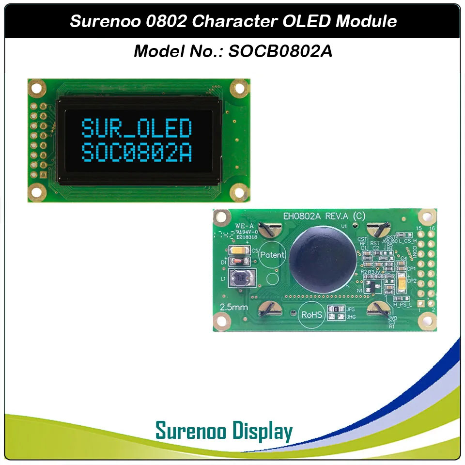 Surenoo OLED Module SOC0802A Outline=58.00X32.00MM Compatible Standard 0802 08*02 08X02 Character LCD Module Display Screen Panel 6800 4/8-bit Parallel Serial SPI IIC I2C WS0010 PCF8574 Controller