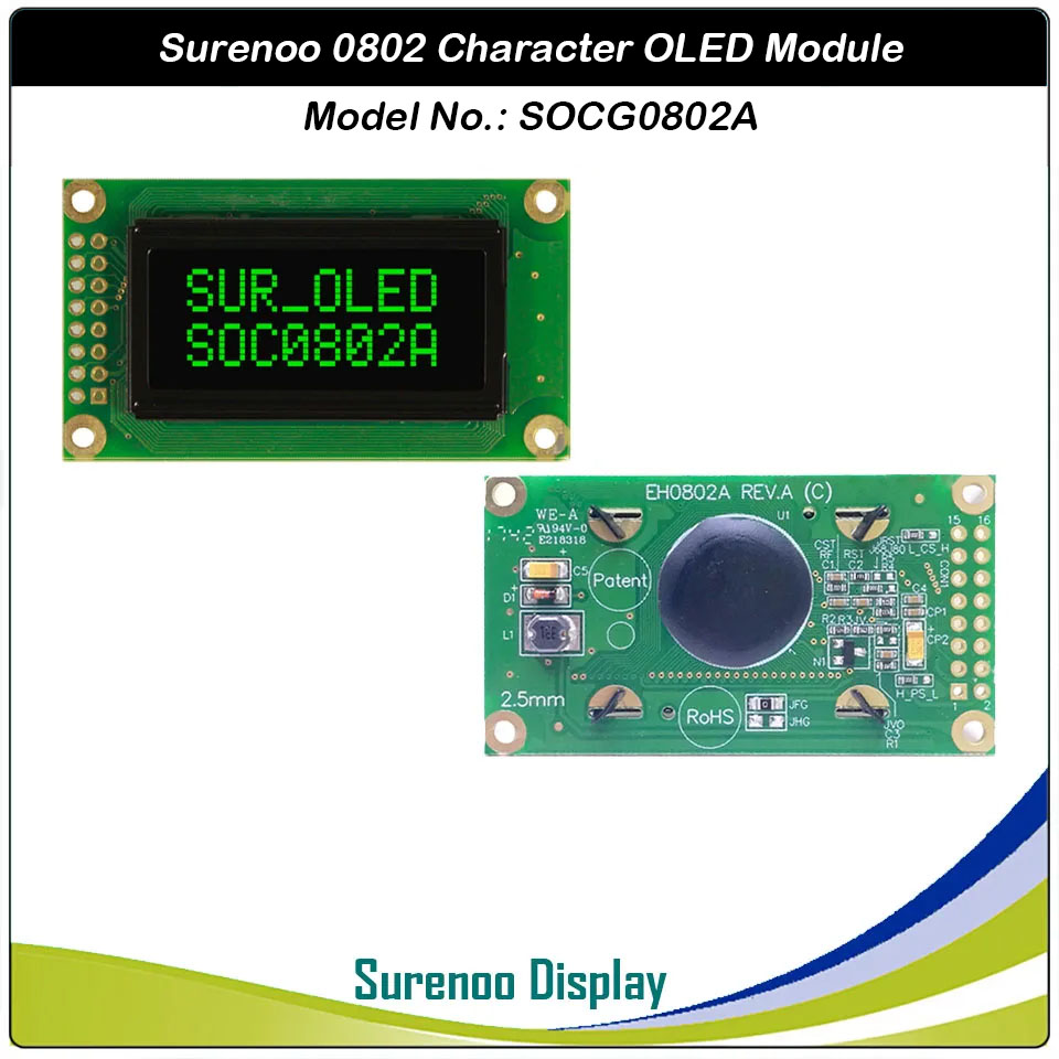 Surenoo OLED Module SOC0802A Outline=58.00X32.00MM Compatible Standard 0802 08*02 08X02 Character LCD Module Display Screen Panel 6800 4/8-bit Parallel Serial SPI IIC I2C WS0010 PCF8574 Controller