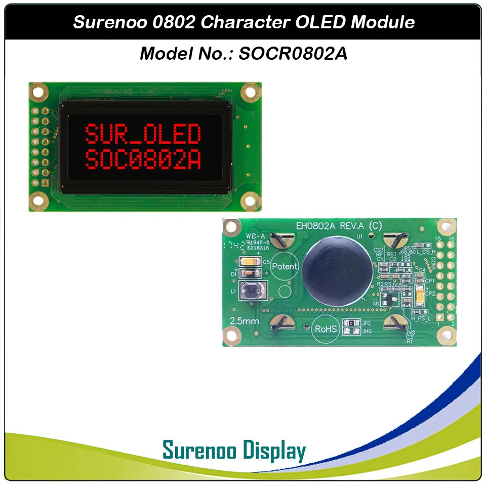 Surenoo OLED Module SOC0802A Outline=58.00X32.00MM Compatible Standard 0802 08*02 08X02 Character LCD Module Display Screen Panel 6800 4/8-bit Parallel Serial SPI IIC I2C WS0010 PCF8574 Controller