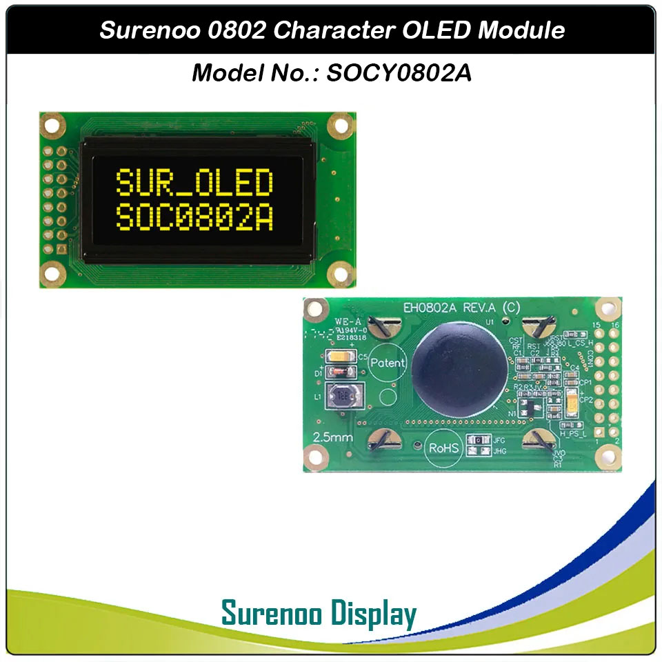 Surenoo OLED Module SOC0802A Outline=58.00X32.00MM Compatible Standard 0802 08*02 08X02 Character LCD Module Display Screen Panel 6800 4/8-bit Parallel Serial SPI IIC I2C WS0010 PCF8574 Controller