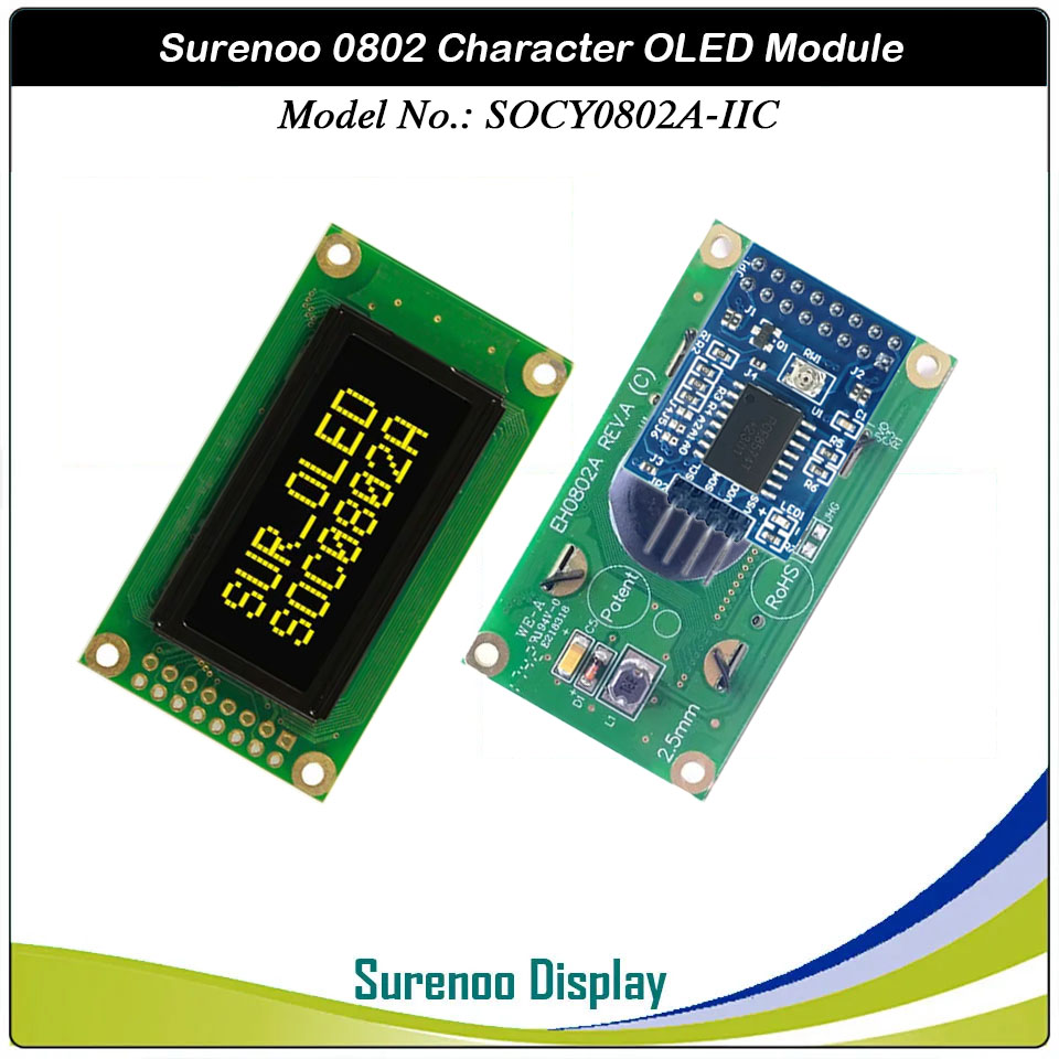 Surenoo OLED Module SOC0802A Outline=58.00X32.00MM Compatible Standard 0802 08*02 08X02 Character LCD Module Display Screen Panel 6800 4/8-bit Parallel Serial SPI IIC I2C WS0010 PCF8574 Controller