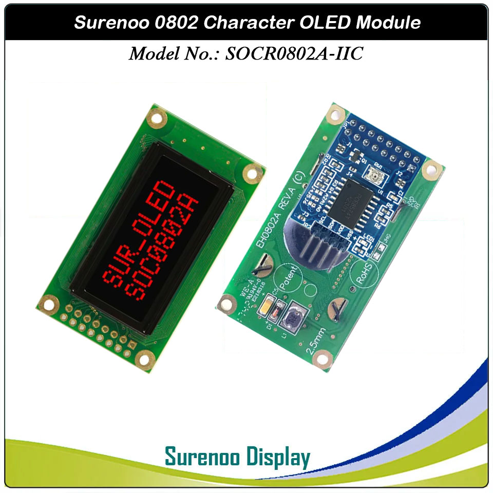 Surenoo OLED Module SOC0802A Outline=58.00X32.00MM Compatible Standard 0802 08*02 08X02 Character LCD Module Display Screen Panel 6800 4/8-bit Parallel Serial SPI IIC I2C WS0010 PCF8574 Controller