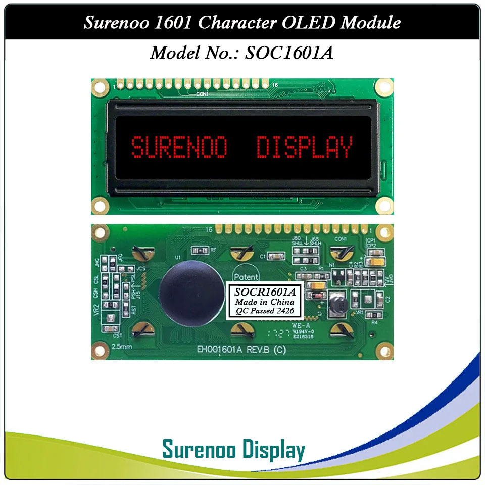 Surenoo OLED Module SOC1601A Outline=80.00X36.00MM Compatible Standard 1601 16*01 16X01 Character LCD Module Display Screen Panel 6800 4/8-bit Parallel Serial SPI WS0010 Controller