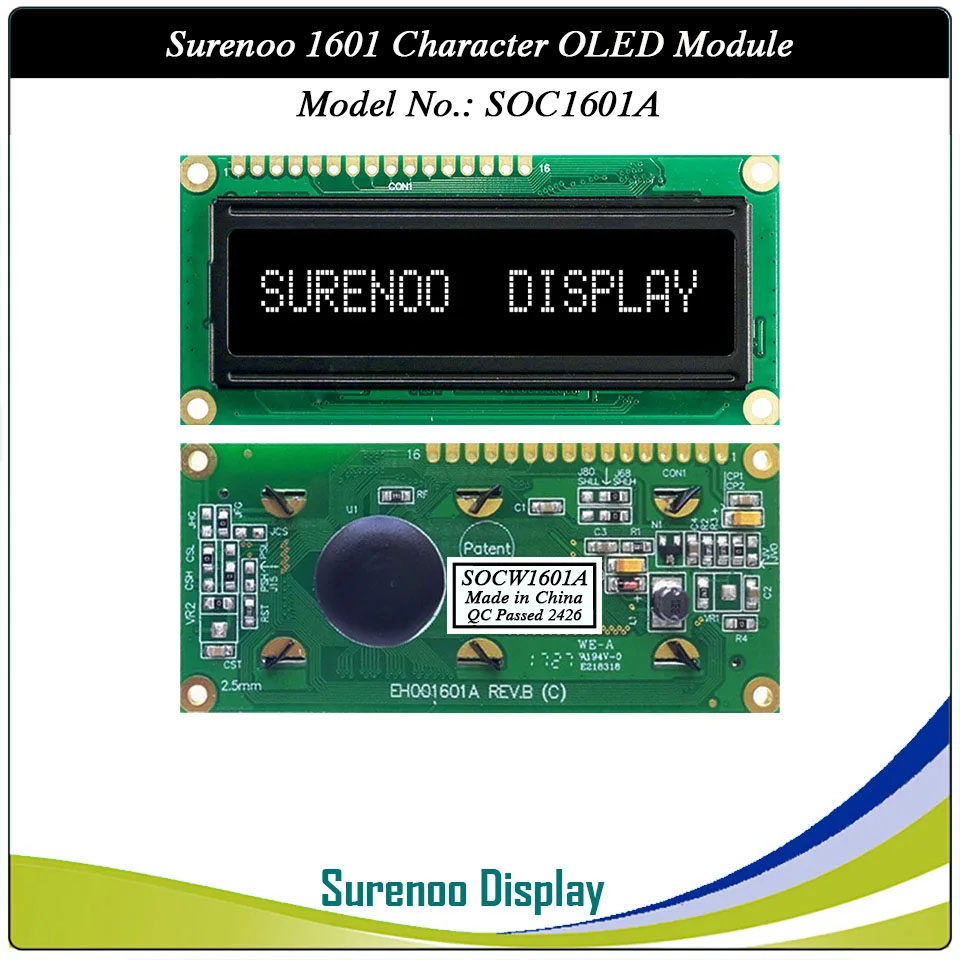 Surenoo OLED Module SOC1601A Outline=80.00X36.00MM Compatible Standard 1601 16*01 16X01 Character LCD Module Display Screen Panel 6800 4/8-bit Parallel Serial SPI WS0010 Controller