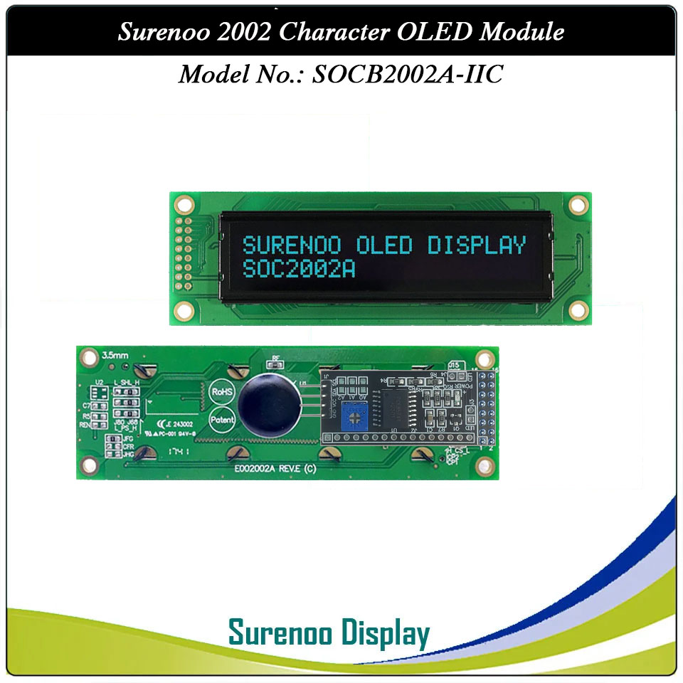 Surenoo OLED Module SOC2002A Outline=116.00X37.00MM Compatible Standard 2002 20*02 20X02 Character LCD Module Display Screen Panel 6800 4/8-bit Parallel Serial SPI WS0010 Controller