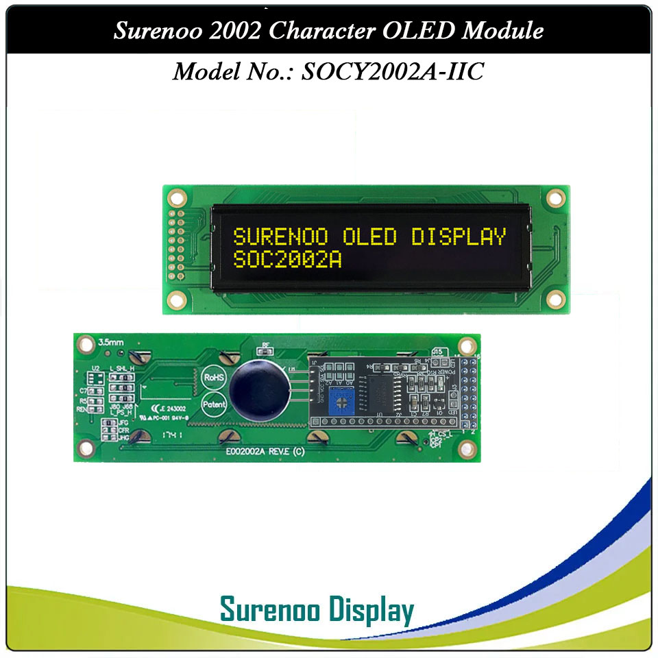 Surenoo OLED Module SOC2002A Outline=116.00X37.00MM Compatible Standard 2002 20*02 20X02 Character LCD Module Display Screen Panel 6800 4/8-bit Parallel Serial SPI WS0010 Controller