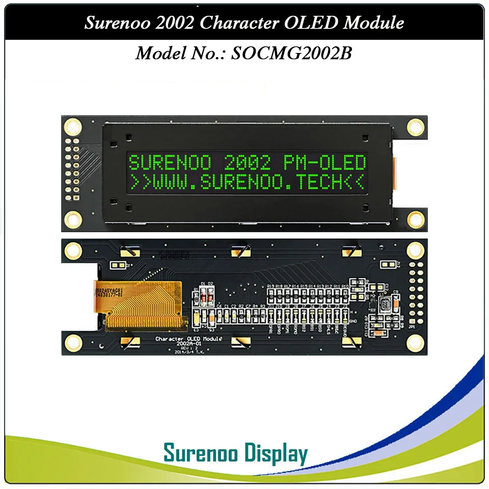 Surenoo COG OLED Module SOC2002B Outline=116.00X37.00MM Compatible Standard 2002 20*02 20X02 Character LCD Module Display Screen Panel 6800 4/8-Bit Parallel Serial SPI IIC I2C SSD1311 US2066 Controller