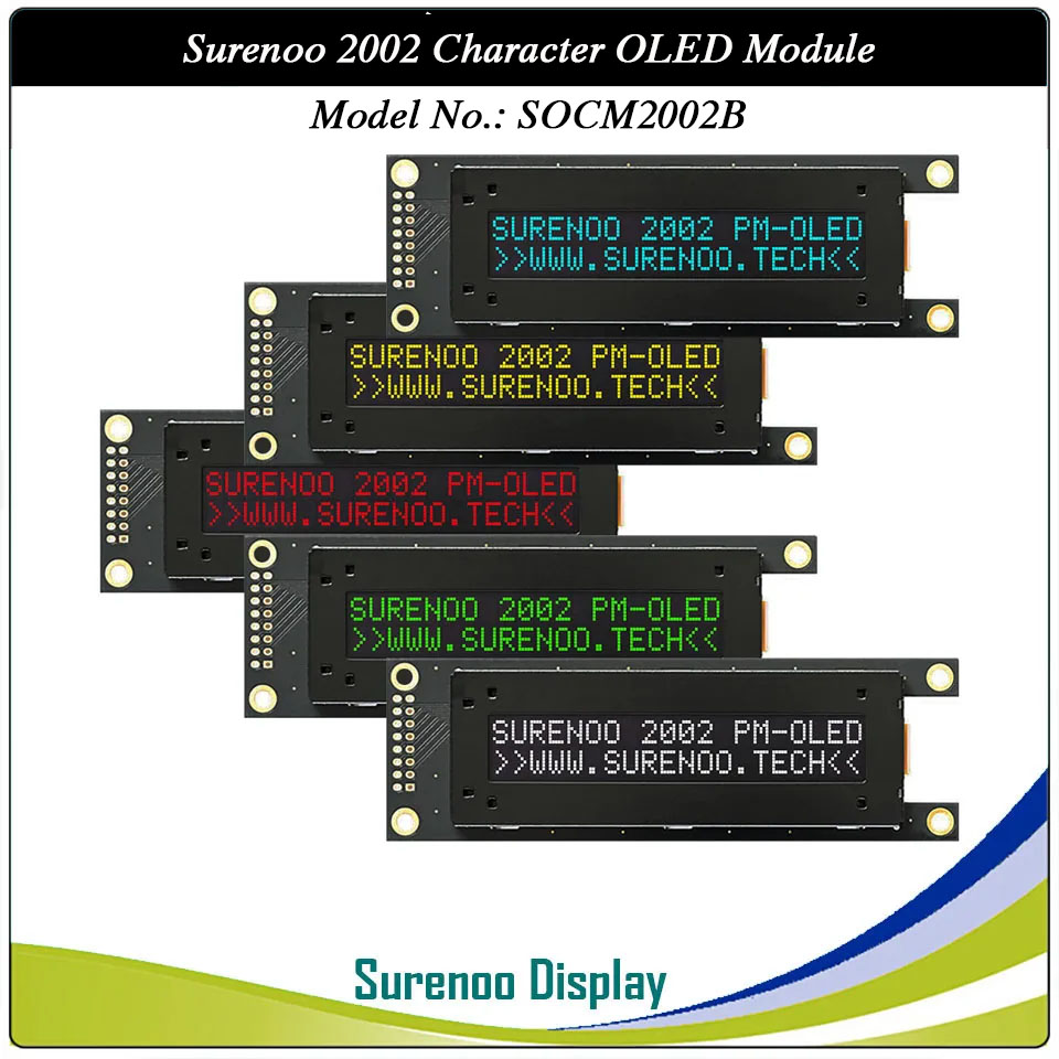 Surenoo COG OLED Module SOC2002B Outline=116.00X37.00MM Compatible Standard 2002 20*02 20X02 Character LCD Module Display Screen Panel 6800 4/8-Bit Parallel Serial SPI IIC I2C SSD1311 US2066 Controller