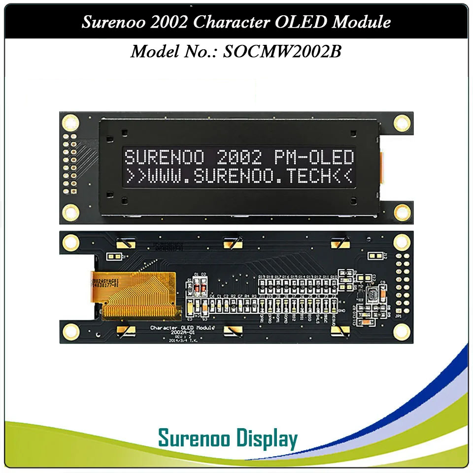 Surenoo COG OLED Module SOC2002B Outline=116.00X37.00MM Compatible Standard 2002 20*02 20X02 Character LCD Module Display Screen Panel 6800 4/8-Bit Parallel Serial SPI IIC I2C SSD1311 US2066 Controller