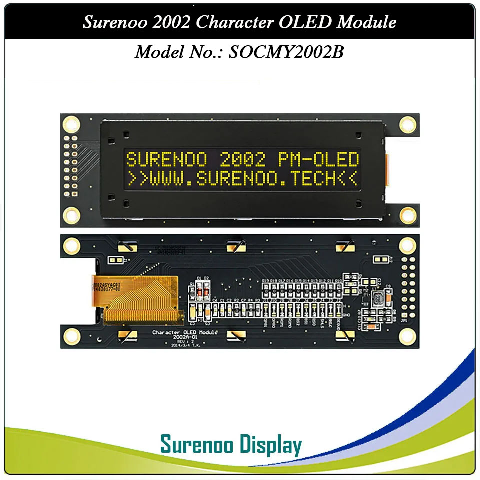 Surenoo COG OLED Module SOC2002B Outline=116.00X37.00MM Compatible Standard 2002 20*02 20X02 Character LCD Module Display Screen Panel 6800 4/8-Bit Parallel Serial SPI IIC I2C SSD1311 US2066 Controller