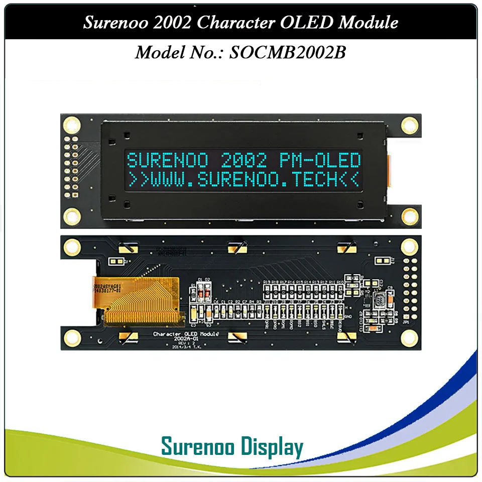 Surenoo COG OLED Module SOC2002B Outline=116.00X37.00MM Compatible Standard 2002 20*02 20X02 Character LCD Module Display Screen Panel 6800 4/8-Bit Parallel Serial SPI IIC I2C SSD1311 US2066 Controller