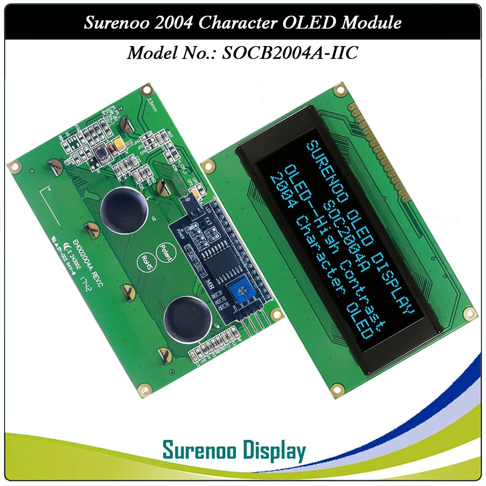 Surenoo OLED Module SOC2004A Outline=98.00X60.00MM Compatible Standard 2004 20*04 20X04 Character LCD Module Display Screen Panel 6800 4/8-bit Parallel Serial SPI WS0010 Controller