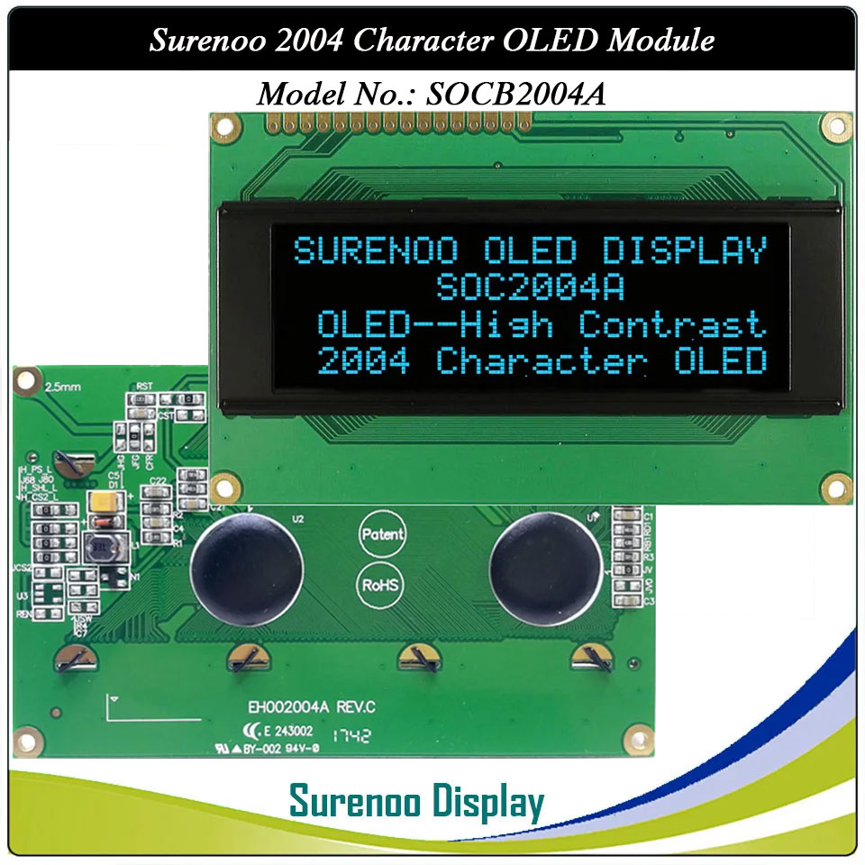 Surenoo OLED Module SOC2004A Outline=98.00X60.00MM Compatible Standard 2004 20*04 20X04 Character LCD Module Display Screen Panel 6800 4/8-bit Parallel Serial SPI WS0010 Controller